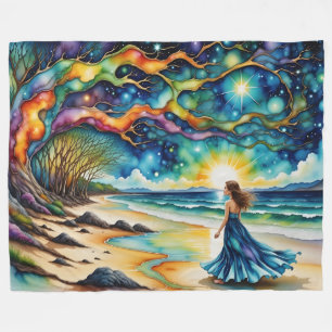 Woman, Colourful Tree of life on ocean beach Fleece Blanket