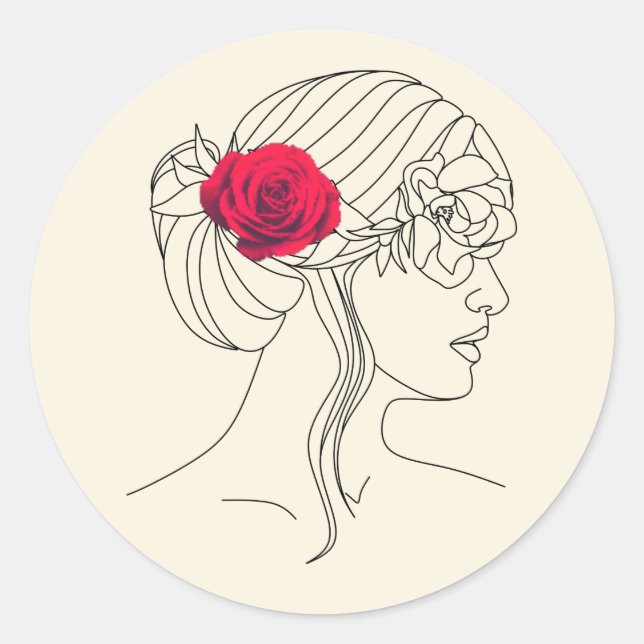 Woman Continuous Line with Red Rose On Hair  Classic Round Sticker (Front)