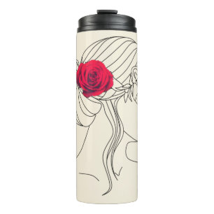Woman Continuous Line with Red Rose On Hair Thermal Tumbler