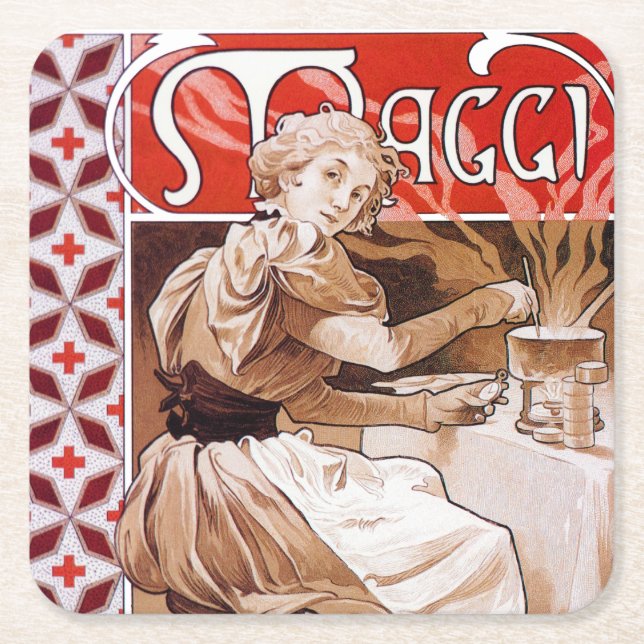 Woman Cooking, Alphonse Mucha Square Paper Coaster (Front)