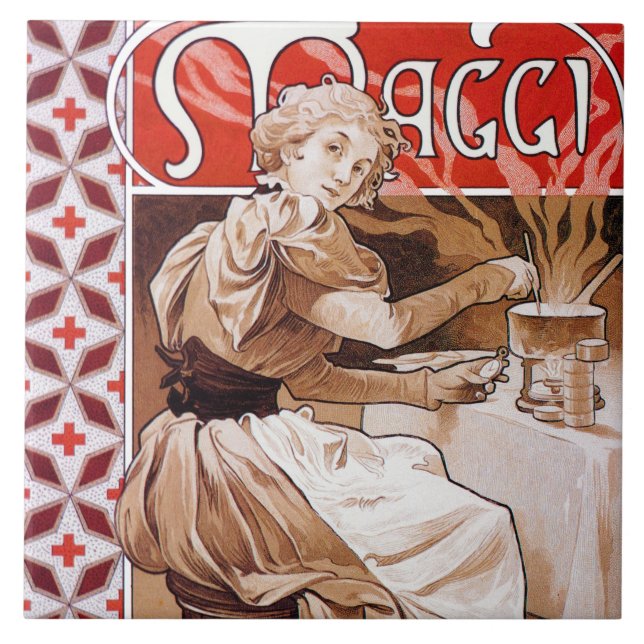 Woman Cooking, Alphonse Mucha Tile (Front)