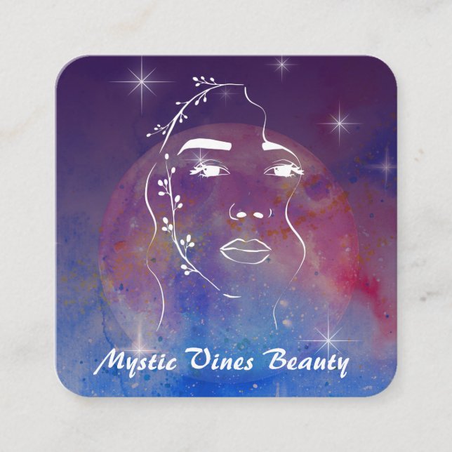 *~* Woman Cosmic Plant Goddess Floral QR MOON Squa Square Business Card (Front)