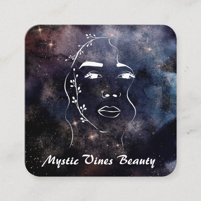 ** Woman Cosmic Plant Goddess Floral QR Nebula Sq Square Business Card (Front)