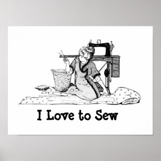 Woman cutting Fabric - I Love to Sew poster