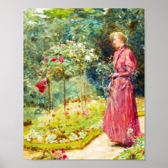 Woman Cutting Roses in a Garden by Childe Hassam  Poster (Front)