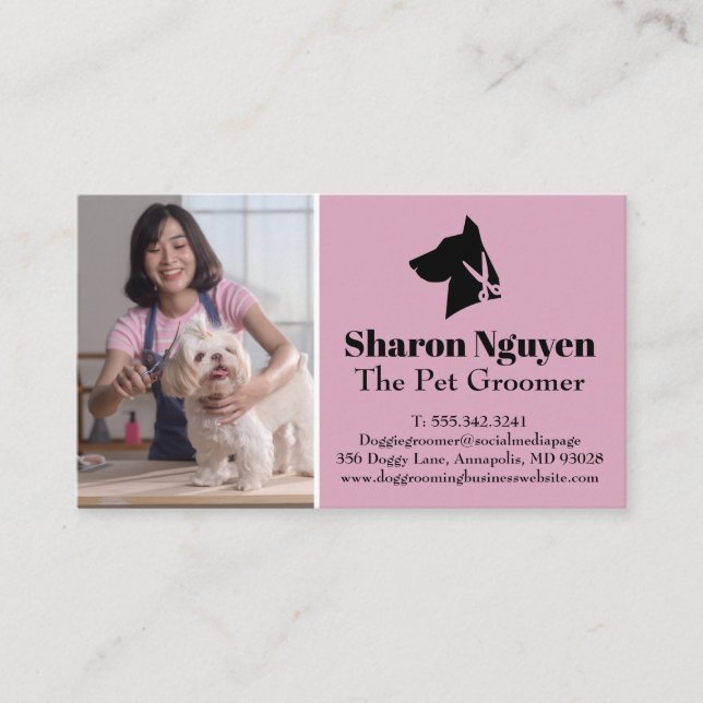 Woman Cutting Small Dogs Hair | Pet Grooming Logo Business Card (Front)