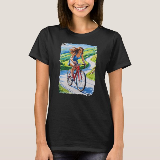 Woman cycling in beautiful scenery T-Shirt (Front)
