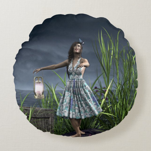 Woman Dancing by the Sea Round Cushion (Front)