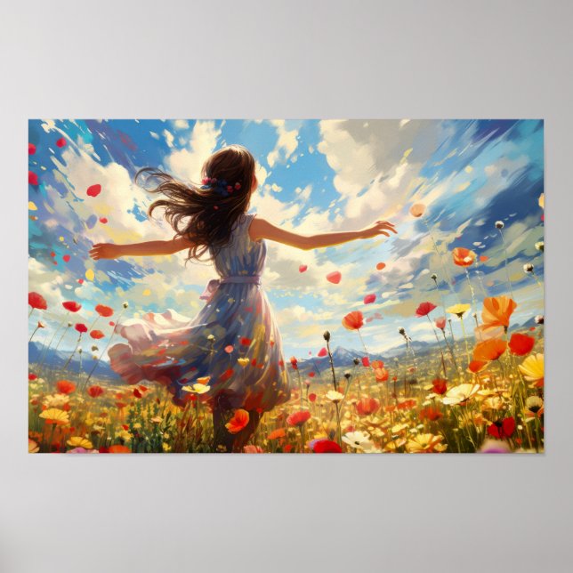 Woman Dancing Joyfully In A Field Of Wildflowers Poster (Front)