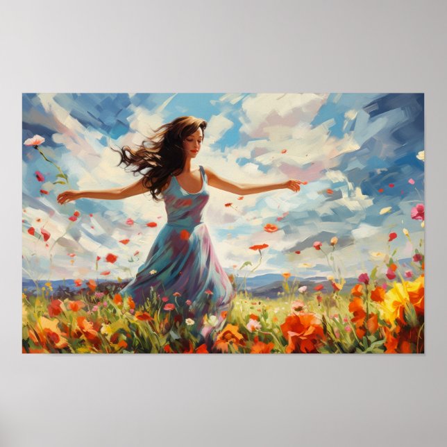 Woman Dancing Joyfully In A Field Of Wildflowers Poster (Front)