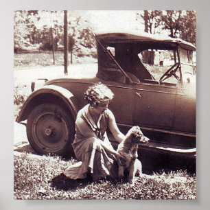 Woman Dog And Auto Waiting Vintage Photo Print
