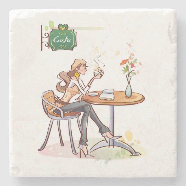 Woman Drinking Coffee at a Cute Cafe Stone Coaster (Front)