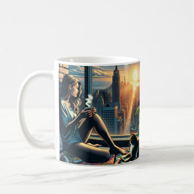 Woman Drinking Coffee at Sunrise in the City Coffee Mug (Left)