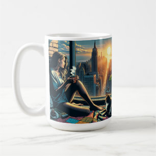 Woman Drinking Coffee at Sunrise in the City Mug