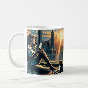 Woman Drinking Coffee at Sunrise in the City Mug