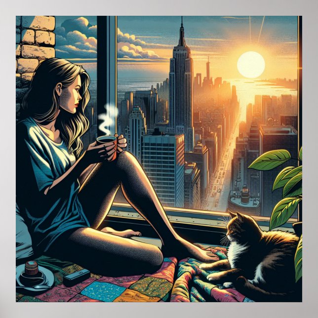 Woman Drinking Coffee at Sunrise in the City Poster (Front)