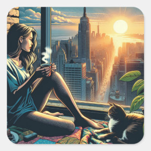 Woman Drinking Coffee at Sunrise in the City Square Sticker