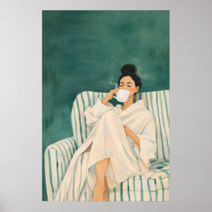 Woman Drinking Coffee Poster, Cosy Morning Poster