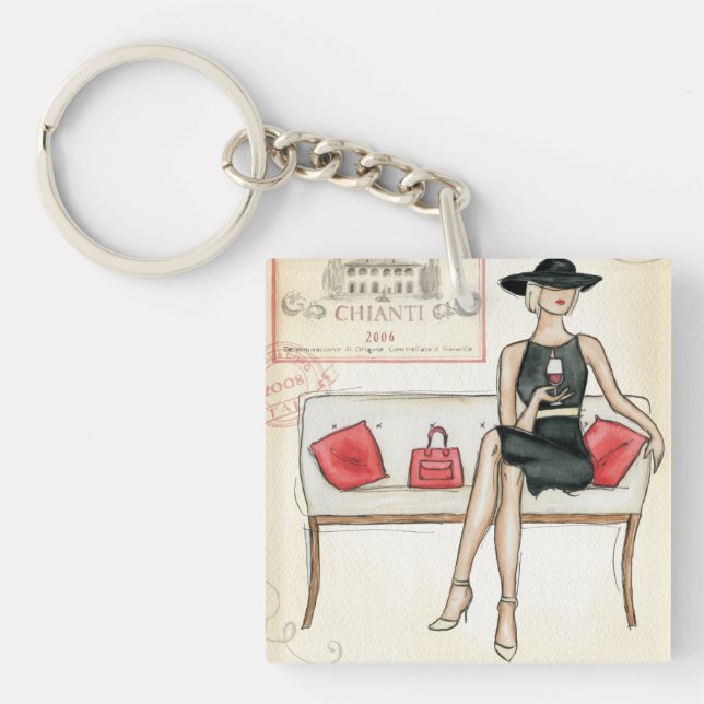 Woman Drinking Red Wine Key Ring (Front)
