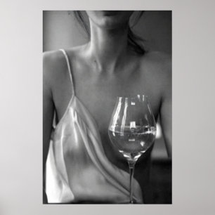 Woman Drinking Wine Black and White Photo Print