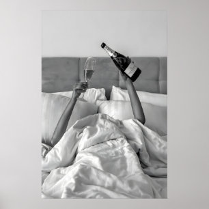Woman Drinking Wine in Bed, Black and White Art Poster