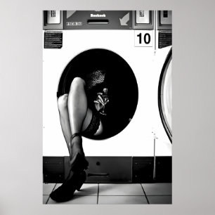 Woman Drinking Wine in Washing Machine Print