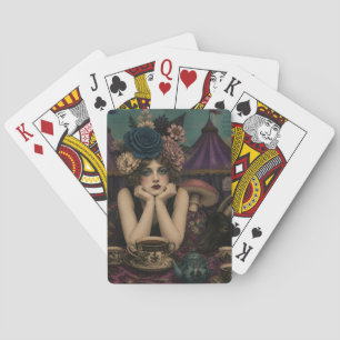 Woman Drinks Tea at the Circus With Black Goat Playing Cards