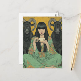 Woman Drinks Tea With Two Black Goats Postcard