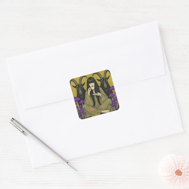 Woman Drinks Tea With Two Black Goats Square Sticker (Envelope)