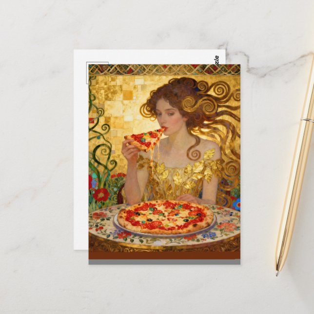 Woman Eating Pizza Faux Klimt Art Postcard (Front/Back In Situ)