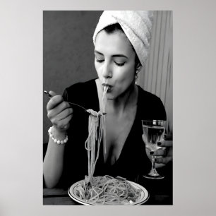 Woman Eating Spaghetti Print, Vintage Kitchen Art Poster