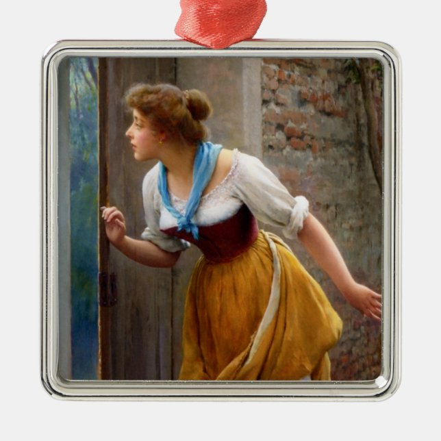 Woman Eavesdropping (by Eugene de Blaas) Metal Tree Decoration (Front)