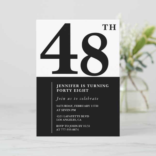 Woman Elegant 48th birthday invitation Black  (Standing Front)