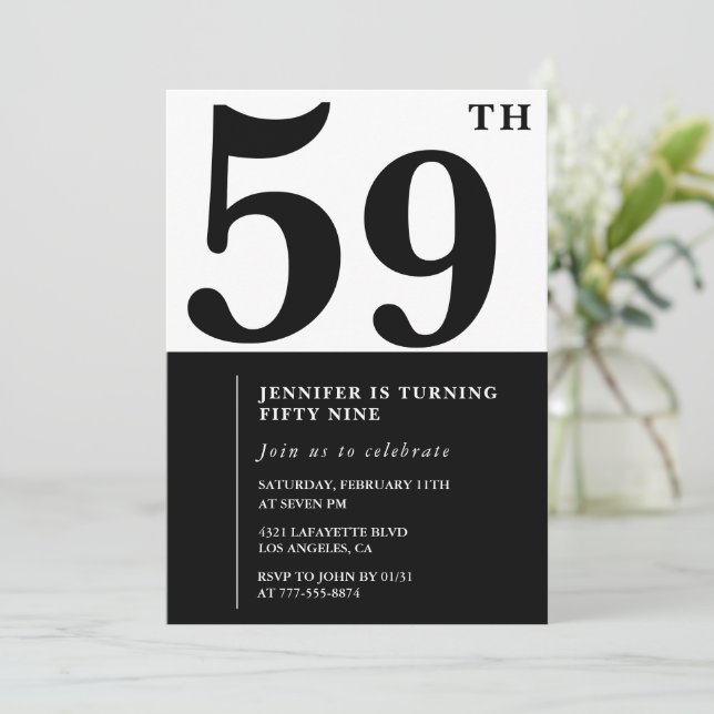 Woman Elegant 59th birthday invitation Black  (Standing Front)