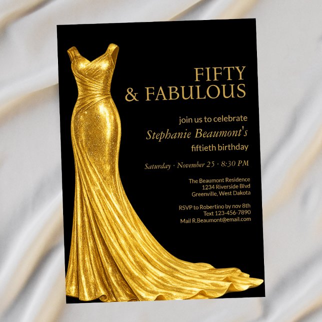 Woman Elegant Fabulous Golden Dress 50th Birthday Invitation (Creator Uploaded)