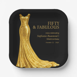 Woman Elegant Fabulous Golden Dress 50th Birthday Paper Plate