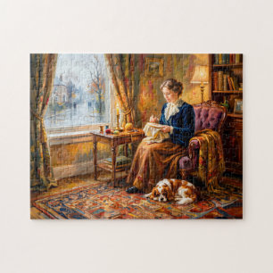 Woman Embroidering by Window with Cavalier Spaniel Jigsaw Puzzle