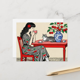 Woman Enjoys Tea With Her Cat in a Cherry Dress Postcard