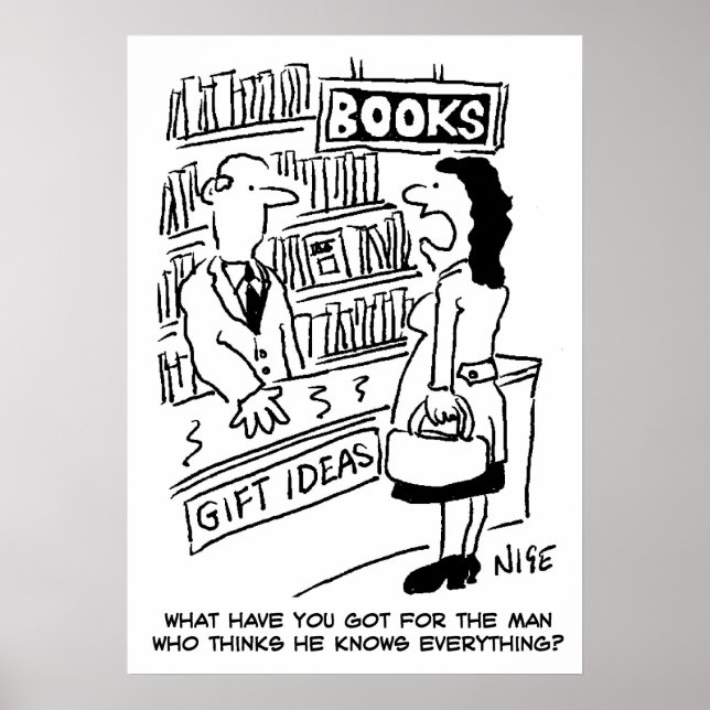 Woman enquires at a Bookshop. Bookstore funny Poster (Front)