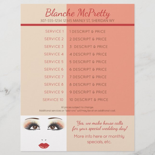 Woman eyes lips makeup artist salon price list let custom letterhead (Front)