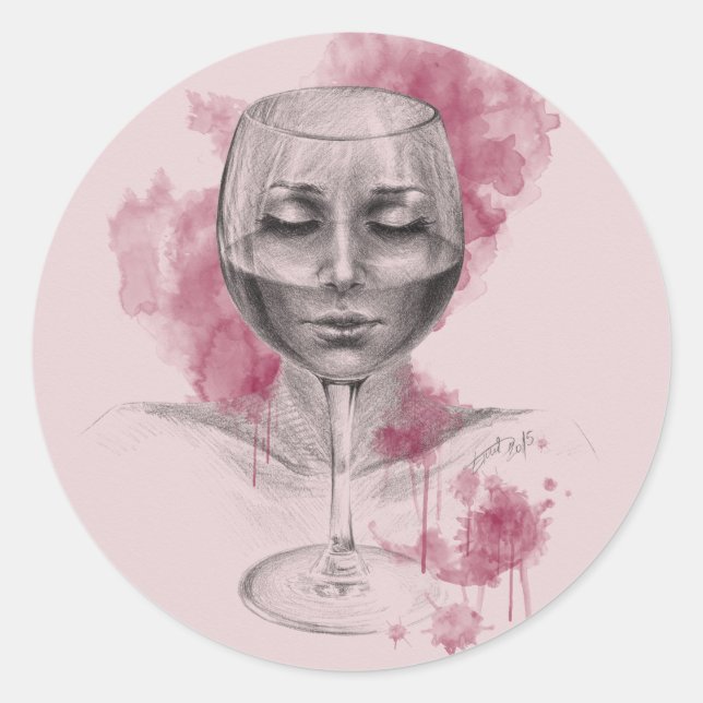 Woman face in wine glass surreal drawing art classic round sticker (Front)