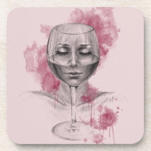 Woman face in wine glass surreal drawing art coaster