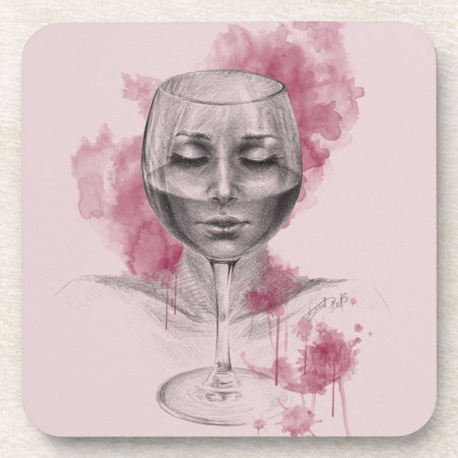 Woman face in wine glass surreal drawing art coaster (Front)