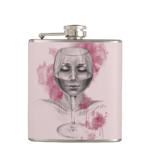 Woman face in wine glass surreal drawing art hip flask