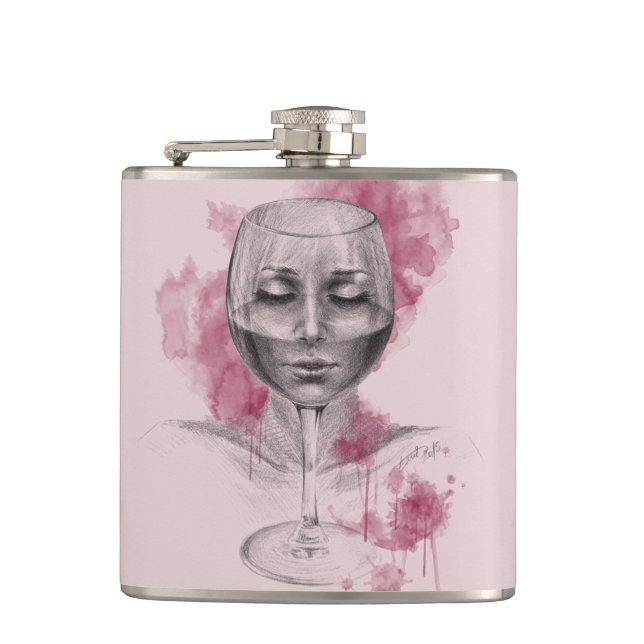 Woman face in wine glass surreal drawing art hip flask (Front)