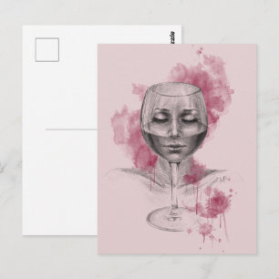 Woman face in wine glass surreal drawing art postcard