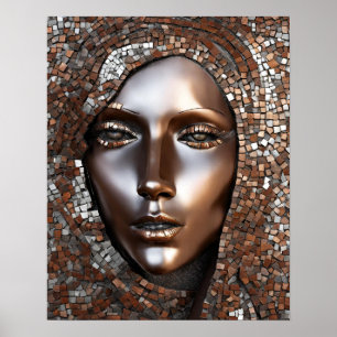 Woman Face Mosaic Copper Silver Poster