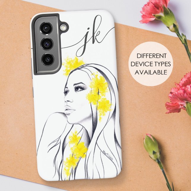Woman Face Yellow Flowers Fashion Elegant Monogram Samsung Galaxy S22 Case (Creator Uploaded)
