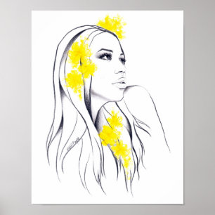 Woman face Yellow flowers Fashion illustration art Poster