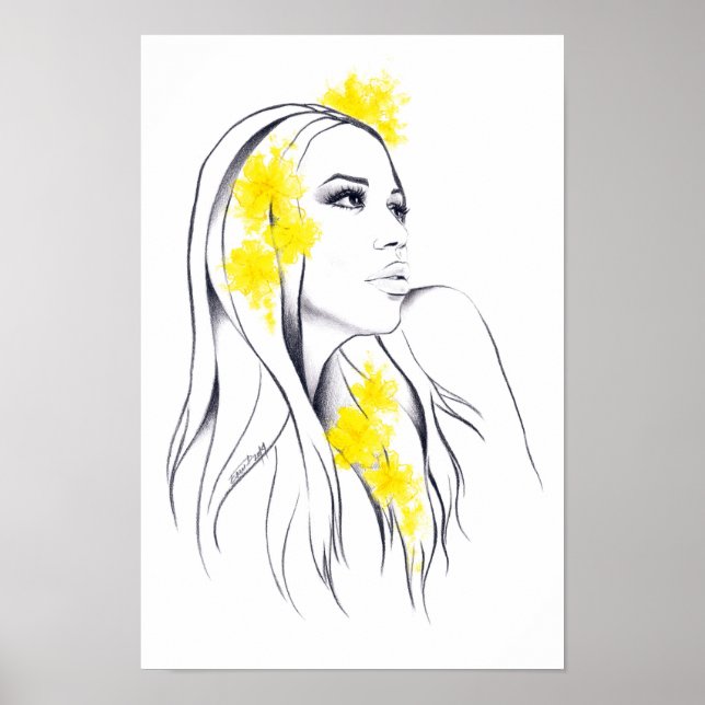 Woman face Yellow flowers Fashion illustration art Poster (Front)